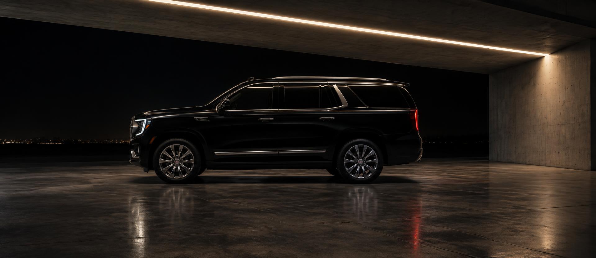 Side profile of a black full-size SUV under architectural lighting (representative image)