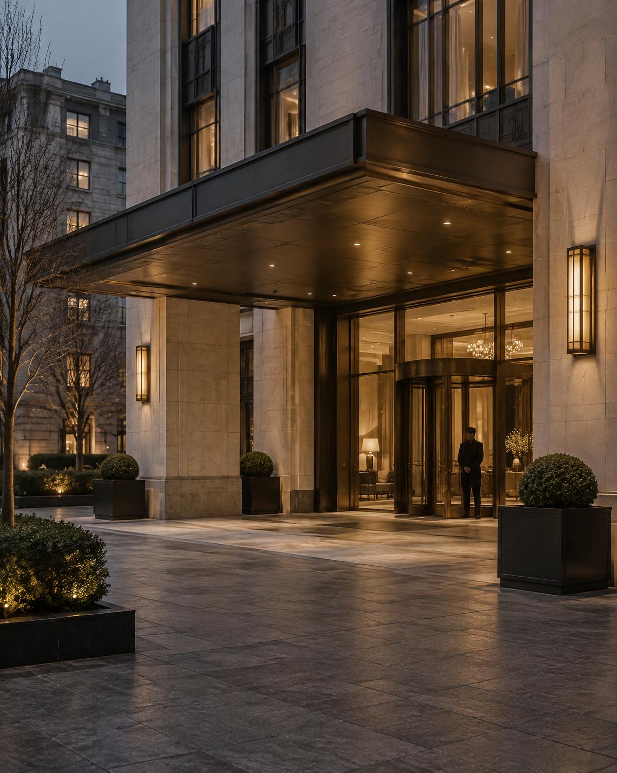 Hotel entrance canopy at dusk (representative image)